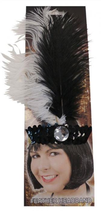 Headband 1920s Flapper Sequinned Black/White With Artifical Feather