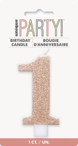 Cake Candle Number 1 Glitter Rose Gold