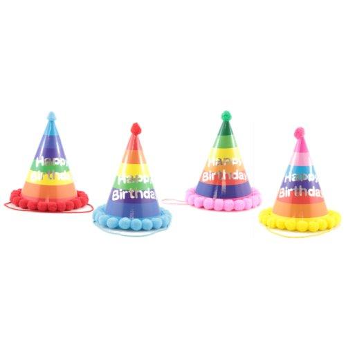 Party Cone Hats Happy Birthday With Pom Poms (Assorted Colours) Each