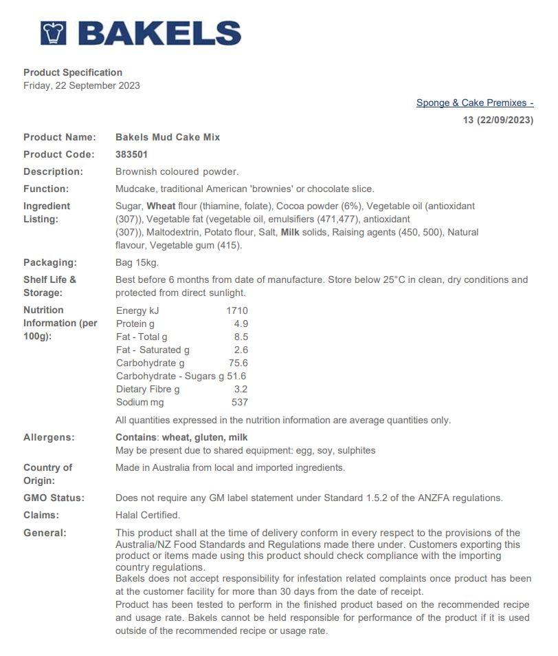 Bakels Mud Cake Mix 15kg - Order In Item Only