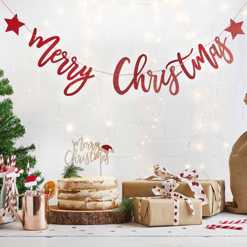 Banner Merry Christmas Red Glitter Festive Fun 2m Long