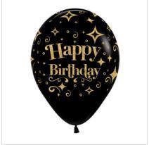 Latex Balloons 28cm Birthday Black And Gold Glitter Pk/25