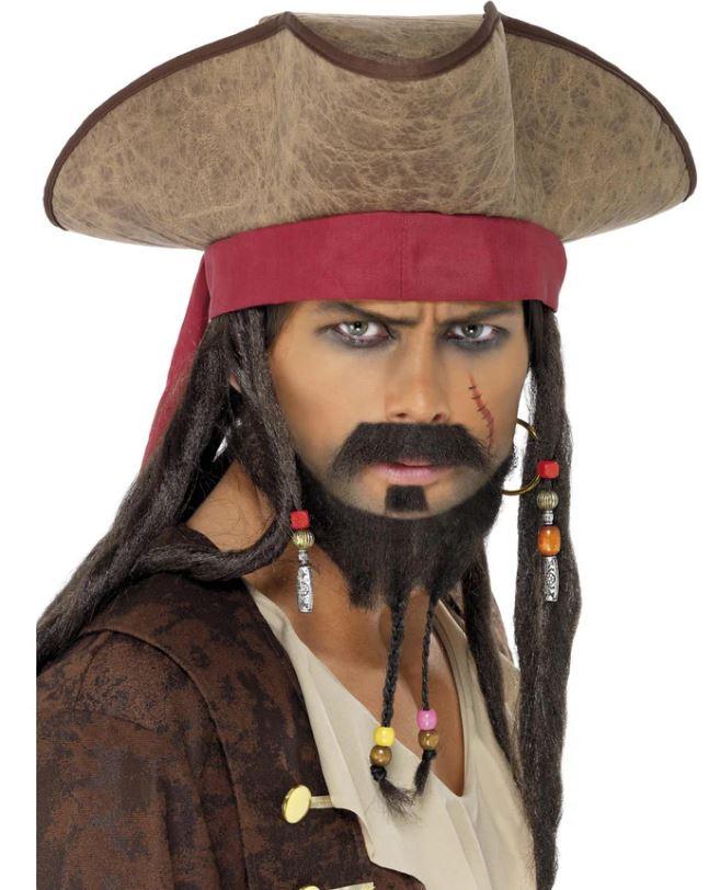 Caribbean Pirate Hat Brown With Dreadlocks & Beads Deluxe