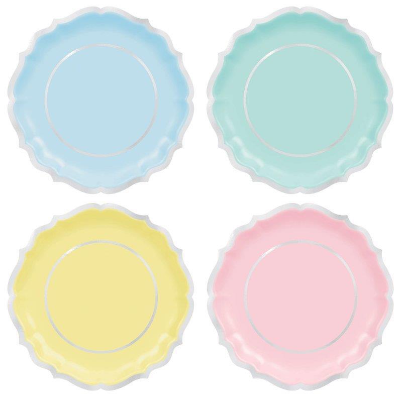 Pretty Pastels Paper Plates 26cm Pk/8 Shaped Silver Foil Last chance Buy