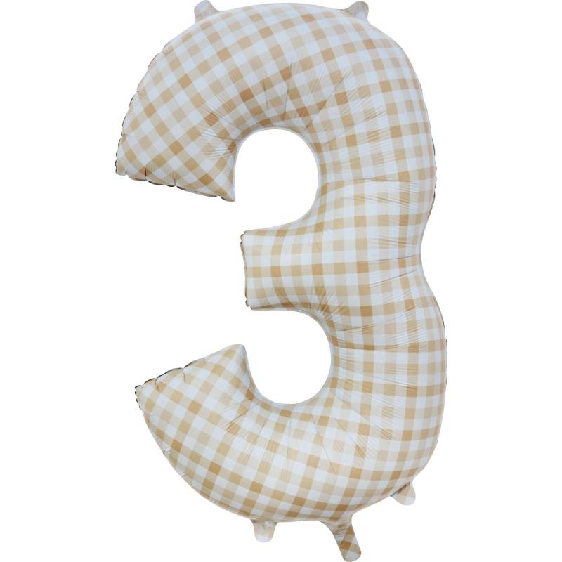 Balloon Foil Megaloon Number 3 Gingham Brown 86cm-Discontinued Line