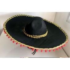 Hat Sombrero Black With Decorative Red Pom Poms Mexican Fiesta