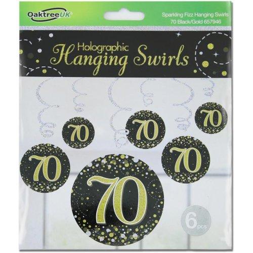 Hanging Swirls 70th Birthday Sparkling Fizz Black/Gold Pk/6