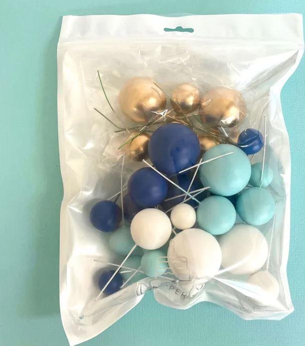 Cake Toppers Deco Foam Balls Blue White & Gold Pk/32