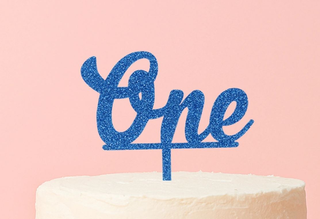 Cake Topper One Acrylic Brithday Blue Glitter Decoration