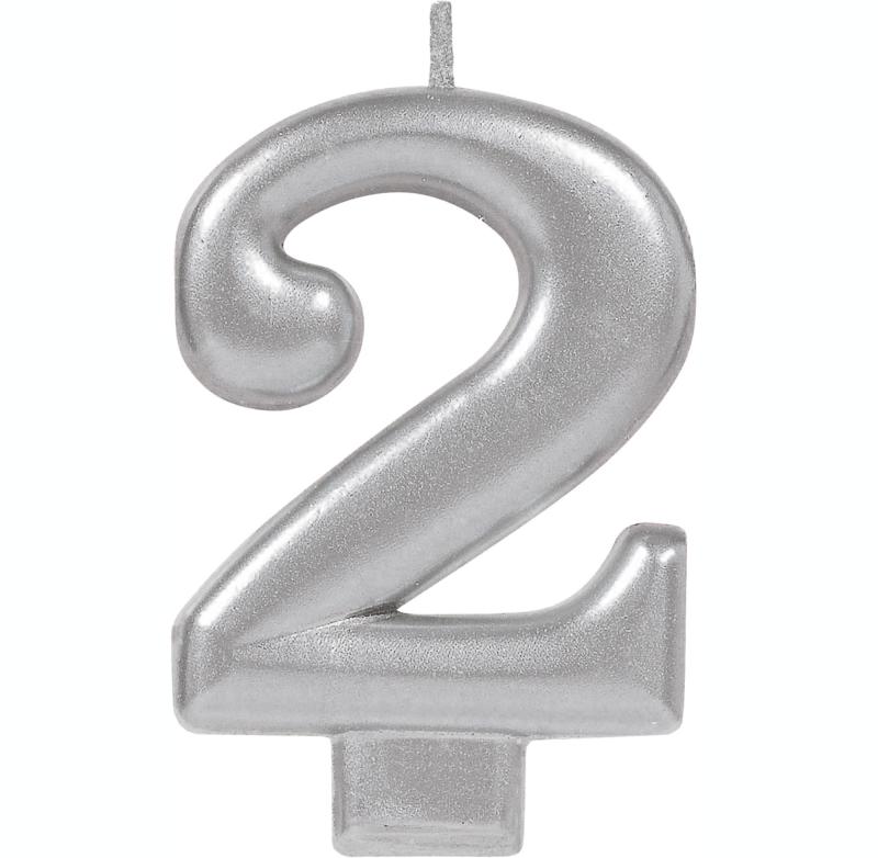 Candle Number 2 Metallic Silver 8cm Moulded