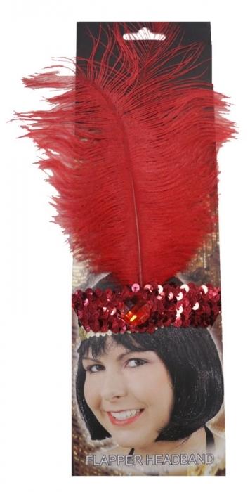 Headband 1920s Flapper Sequinned Red With Feather