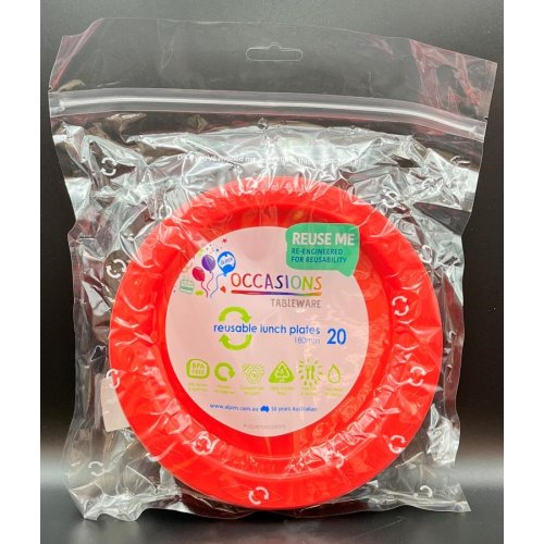 Plates 180mm Red Plastic Lunch Size Reusalbe Pk/20