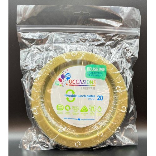 Plates 180mm Gold Plastic Lunch Size Reusalbe Pk/20