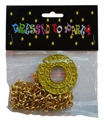 Necklace Disco Medallion 5.5cm Round On Gold Look Chain 1970s