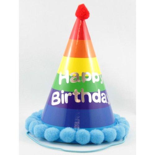 Party Cone Hats Happy Birthday With Pom Poms (Assorted Colours) Each