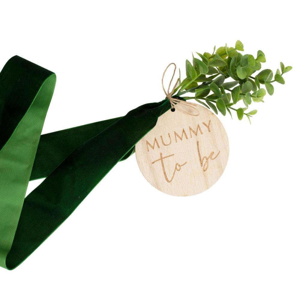 Green Velvet Mummy To Be Sash with Eucalyptus Foliage Baby Shower 180cm