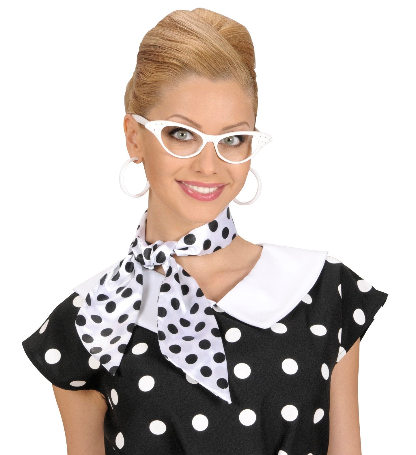 Neck Scarf Satin 1950s White With Black Polka Dots