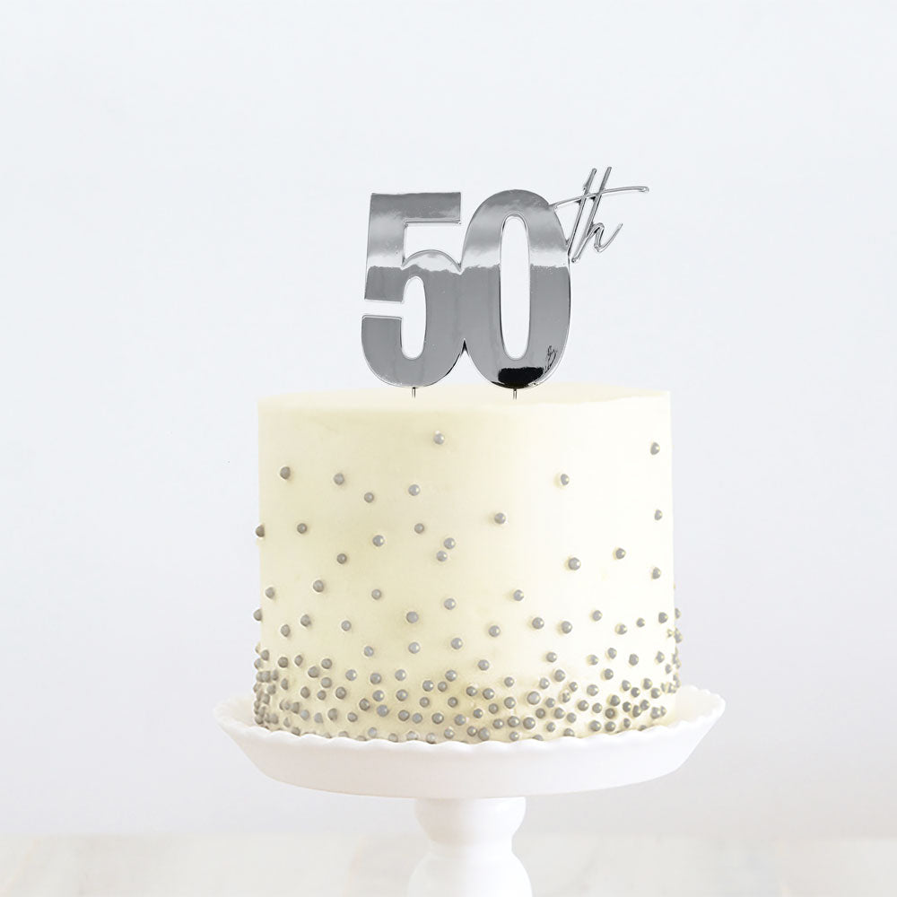 Cake Topper 50th Birthday Silver Metal 11cm X 9cm