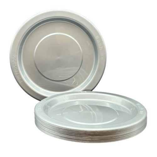 Plates 230mm Silver Plastic Dinner Size Reusalbe Pk/20