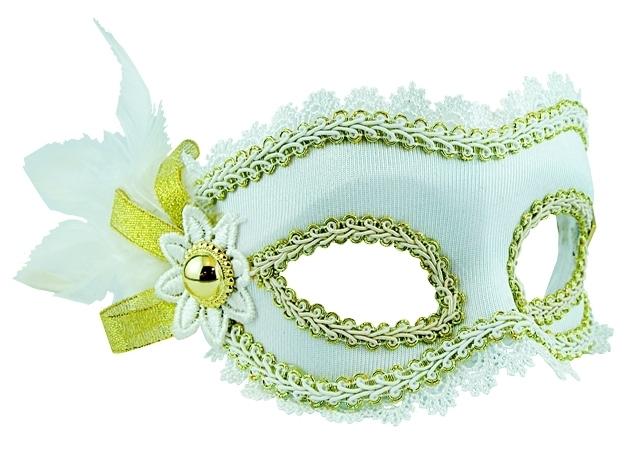 Mask Masquerade Deluxe White/Gold with Side Feathers