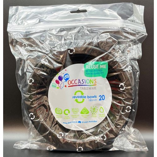 Bowls 18cm Black Reusable Plastic Pk/20