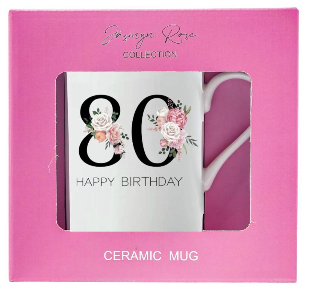 Mug White 80th Happy Birthday Floral Ceramic Gift