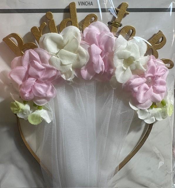 Bride To Be Gold Hens Night Metal Headband With Veil & Flowers