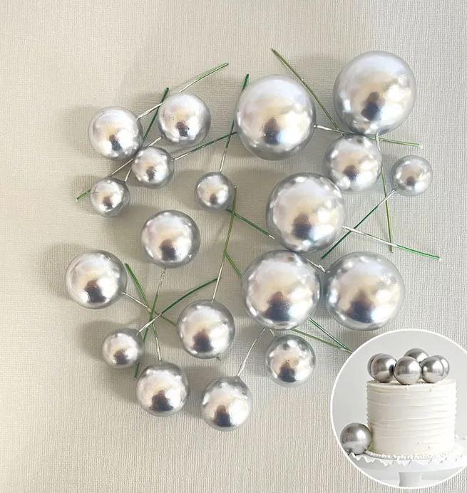 Cake Toppers Deco Foam Balls Shiny Metallic Silver Pk/20