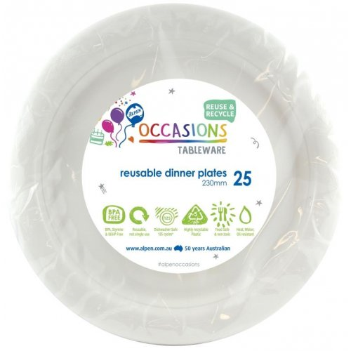 Plates 230mm White Plastic Dinner Size Reusalbe Pk/20