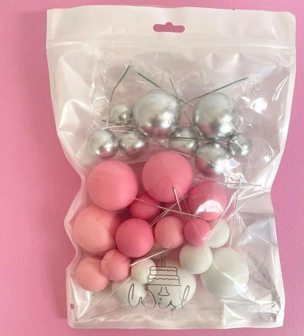 Cake Toppers Deco Foam Balls Pink White & Silver Pk/32