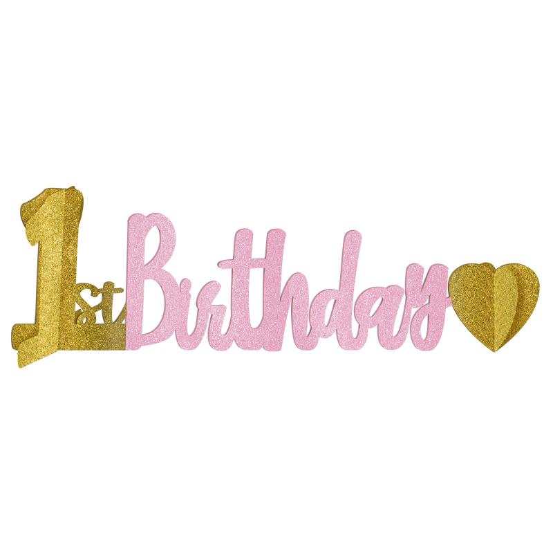 Pink 1st First Birthday Glitter Banner - Discontinued Line Last Chance