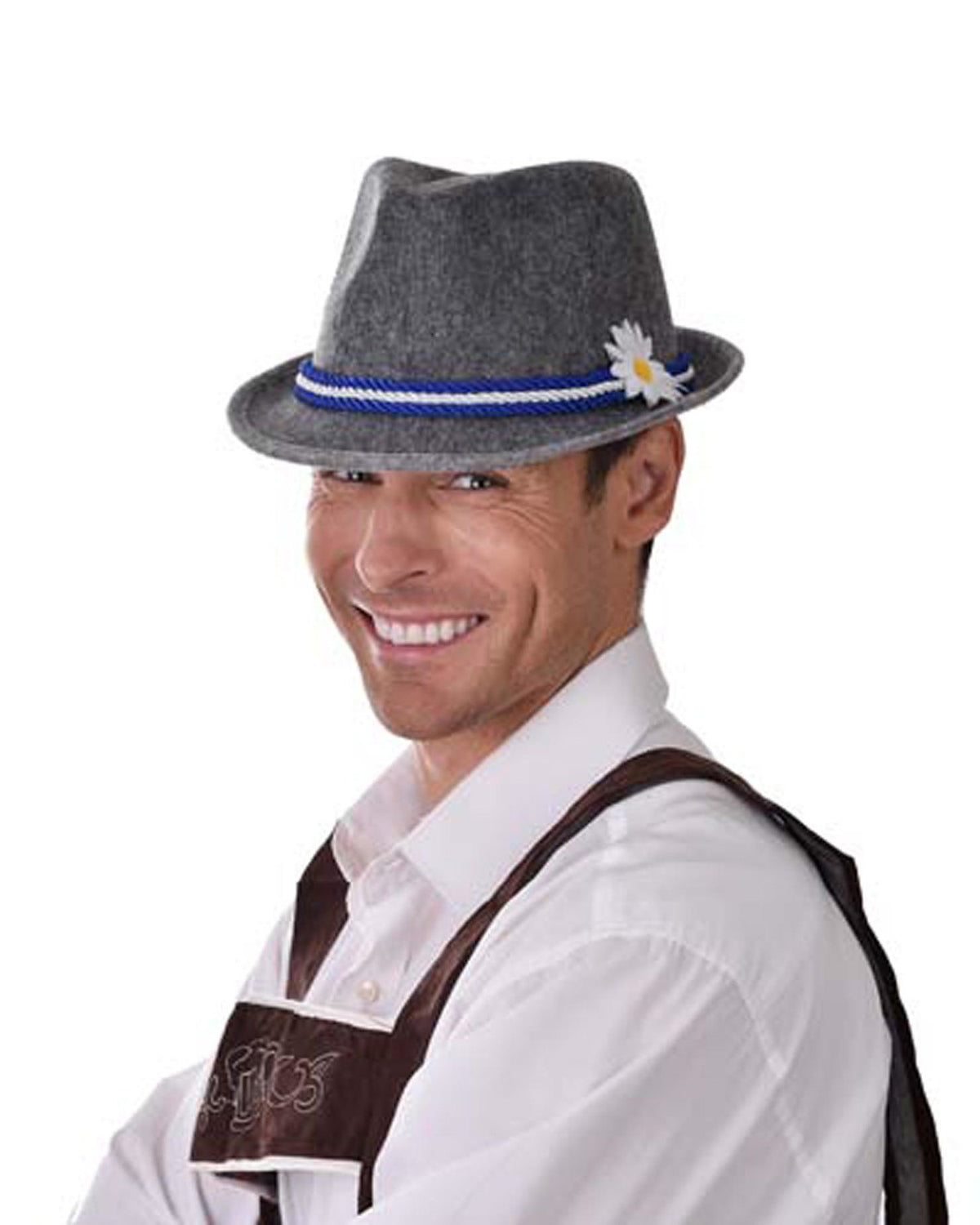 Hat Oktoberfest/German Fedora Grey With Blue Trim & Flower