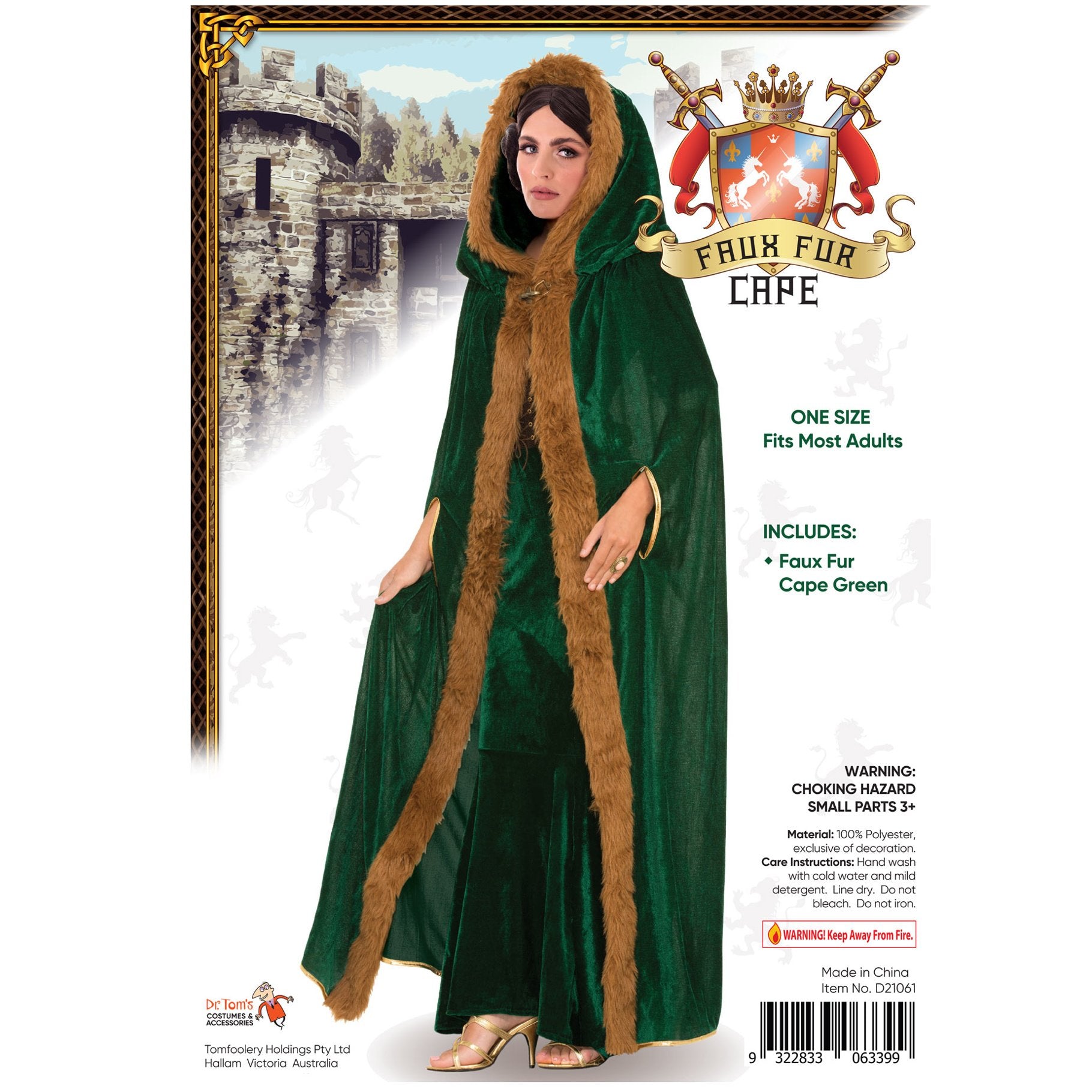 Costume Adult Cape Green with Faux Fur Trim