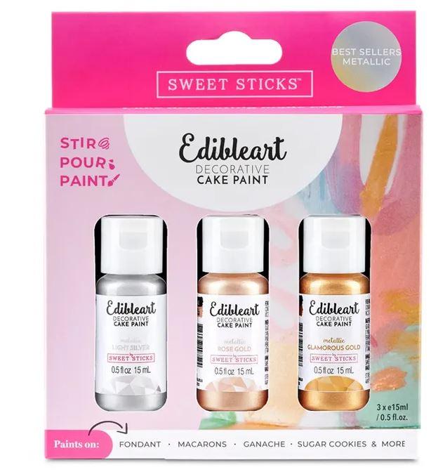 Cake Decorating Edible Art Paint Metallic Gold/Silver/Rose Gold 15ml Pk/3