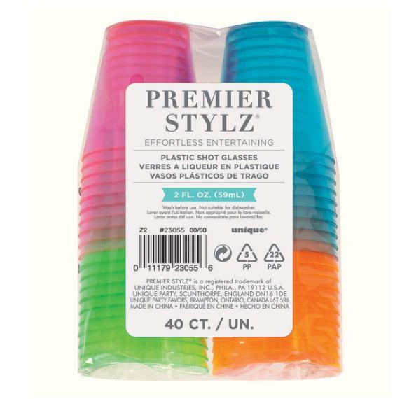 Shot Glasses Plastic 59ml/2oz Pk/40 Assorted Neon Colours
