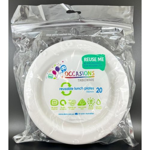 Plates 180mm White Plastic Lunch Size Reusalbe Pk/20