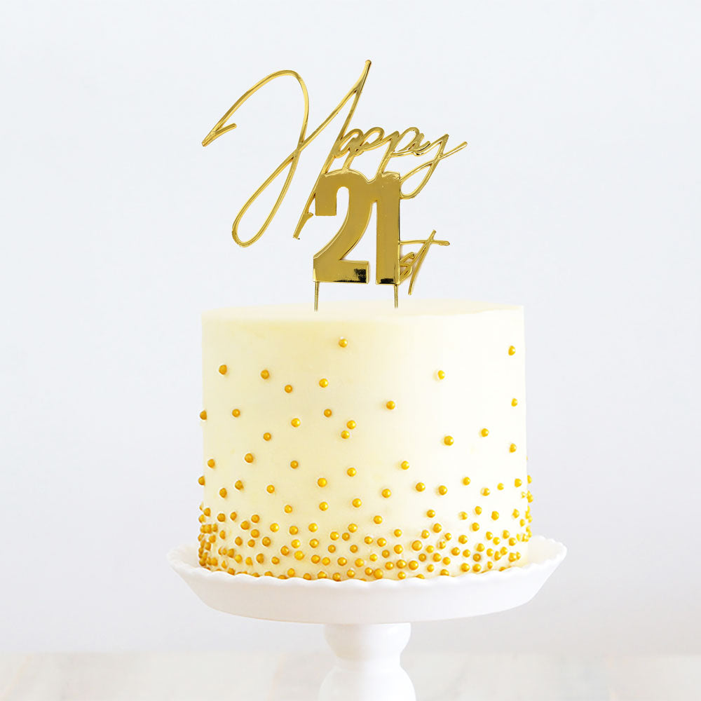 Cake Topper Happy 21st Birthday Word/Script Gold Metal