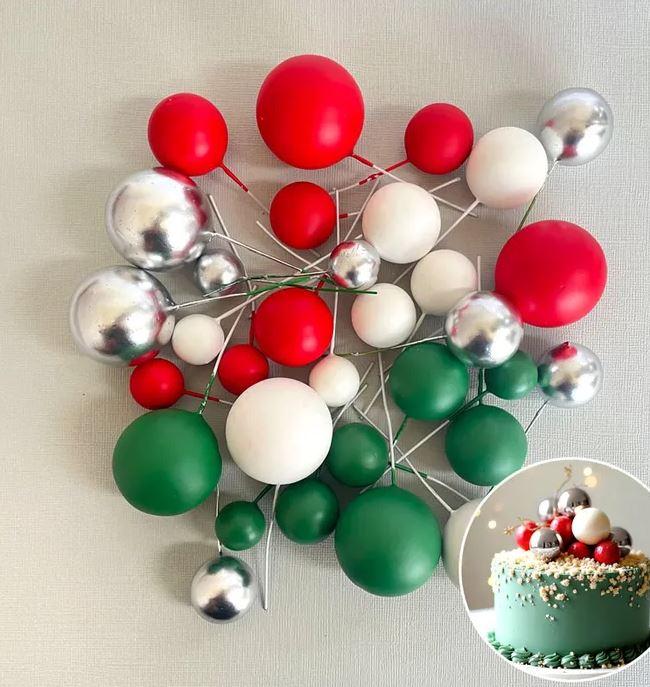 Cake Toppers Deco Foam Balls Christmas Red Green White Silver Pk/32