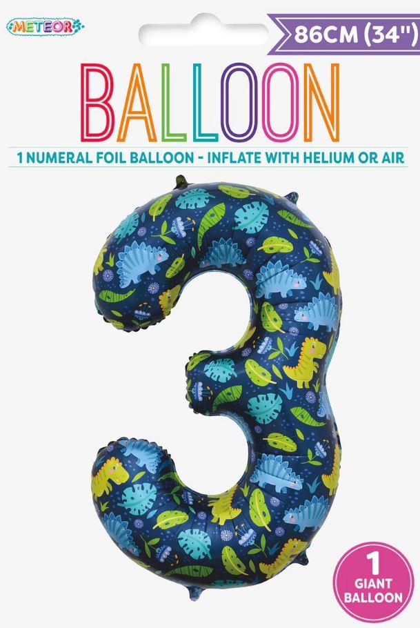 Balloon Foil Megaloon Number 3 Dinosaur 86cm