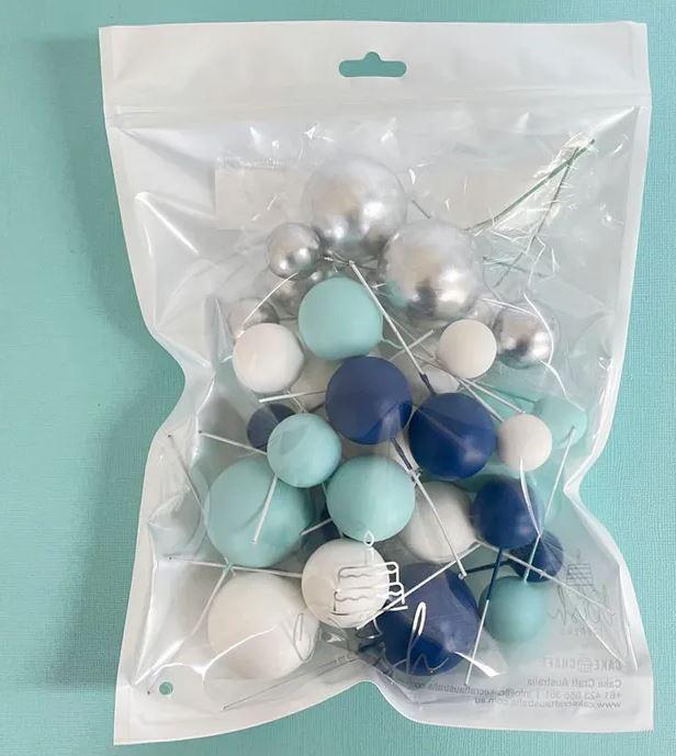 Cake Toppers Deco Foam Balls Blue White & Silver Pk/32