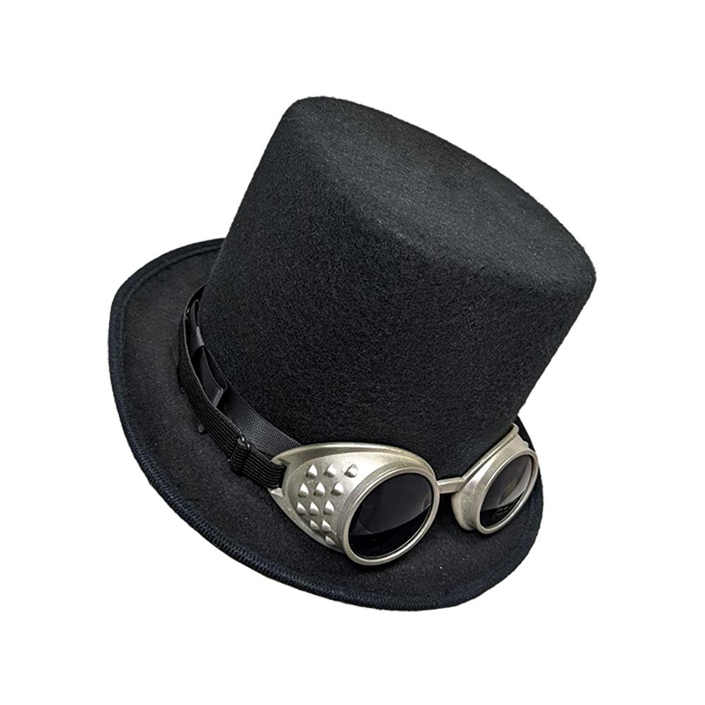 Hat Steampunk Black Top Deluxe With Silver Goggles/Glasses