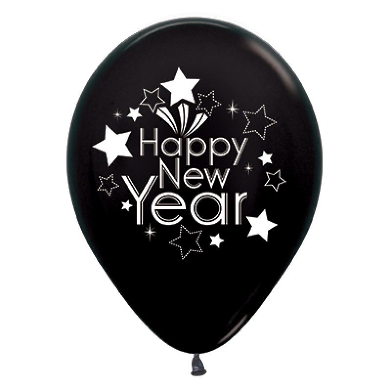Balloons Latex 30cm Happy New Year Metallic Black Pk/6