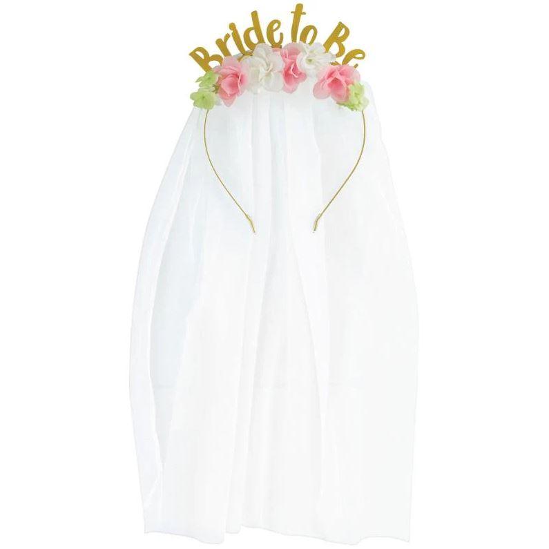 Bride To Be Gold Hens Night Metal Headband With Veil & Flowers