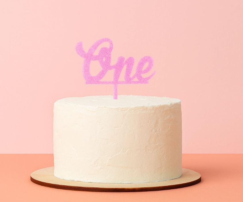 Cake Topper One Acrylic Brithday Pink Glitter Decoration