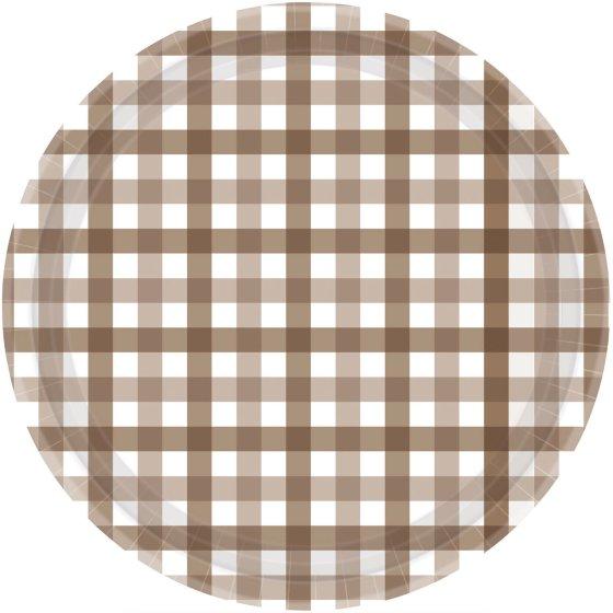 Paper Plates Gingham Check 23cm Teddy Brown Pk 8
