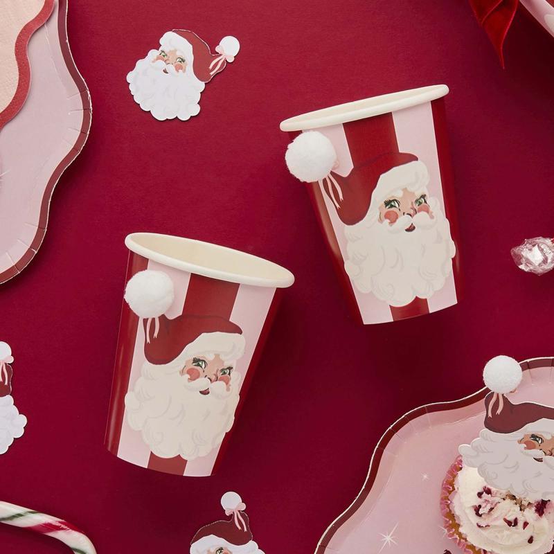 Cups Christmas Santa Baby With Pom Poms 266ml Pk/8