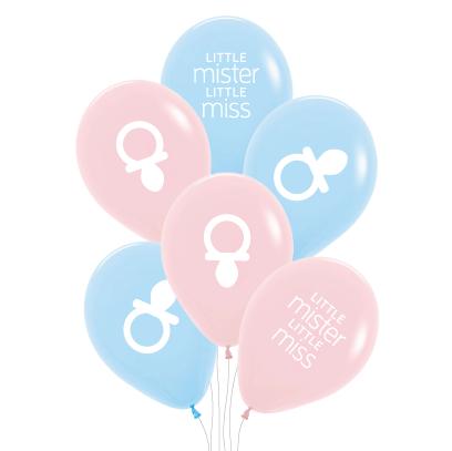 Balloon Latex Little Mister/Little Miss 30cm Gender Reveal Pk 6