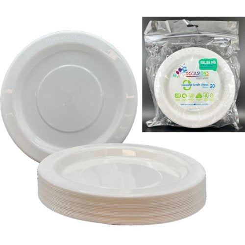 Plates 180mm White Plastic Lunch Size Reusalbe Pk/20