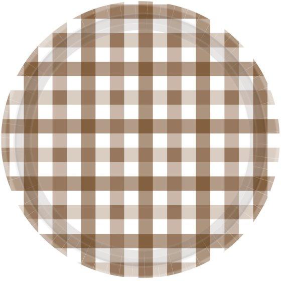 Paper Plates Gingham Check 17cm Teddy Brown Pk 8