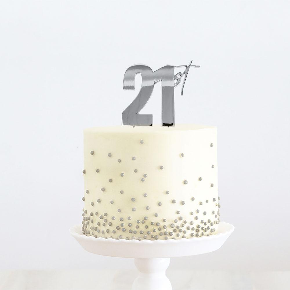 Cake Topper 21st Birthday Silver Metal 11cm X 9cm